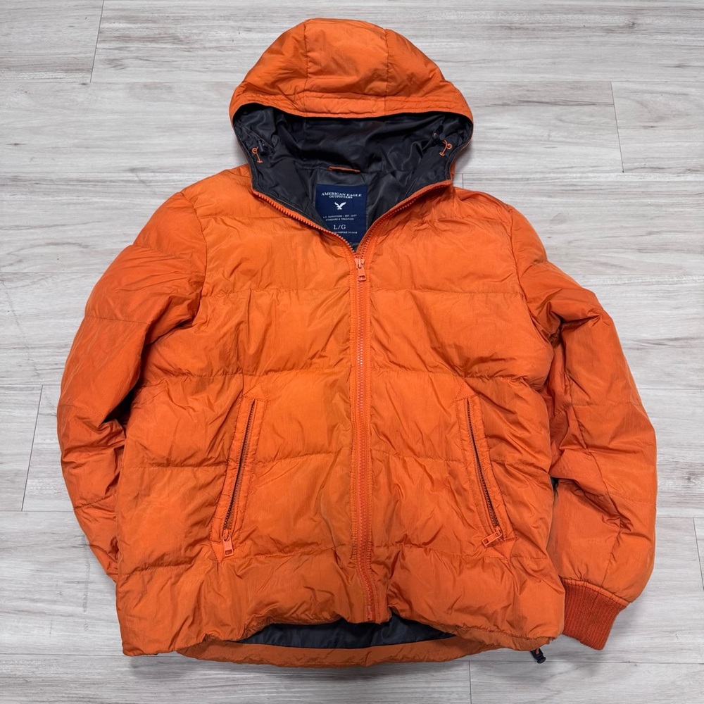 Orange American Eagle Light Weight Hooded Full Zip Puffer Jacket Mens Size Large